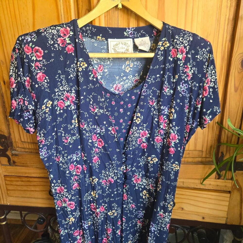 Vintage Women's Navy and Blue Floral Dress